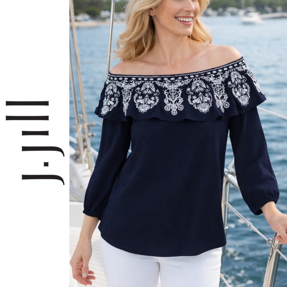 J. Jill, Navy Off-the-Shoulder‎ Embroidered Ruffle Neck 3/4 Sleeve Top Size XL